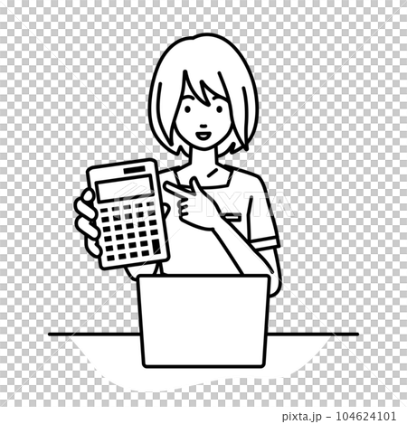 座ってデスクでノートPCを開いて電卓を指差してこちらに向けて見せているエステ店員・受付・接客係の女性 104624101