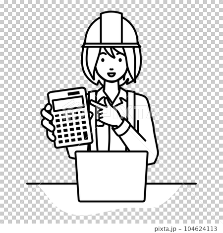 座ってデスクでノートPCを開いて電卓を指差してこちらに向けて見せている工事現場の女性 104624113