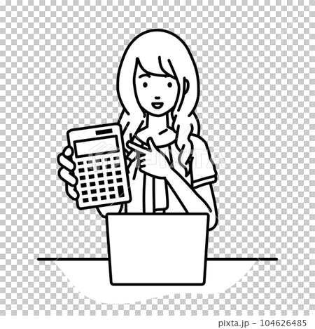 座ってデスクでノートPCを開いて電卓を指差してこちらに向けて見せているオフィスカジュアルの女性 104626485