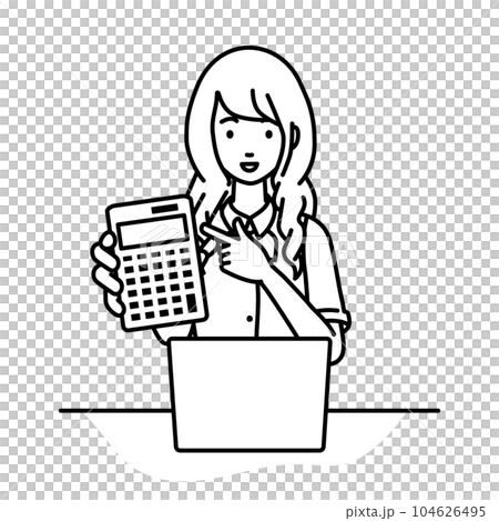 座ってデスクでノートPCを開いて電卓を指差してこちらに向けて見せている事務員制服の女性 座ってデスクでノートPCを開いて電卓を指差してこちらに向けて見せている事務員制服の女性 104626495