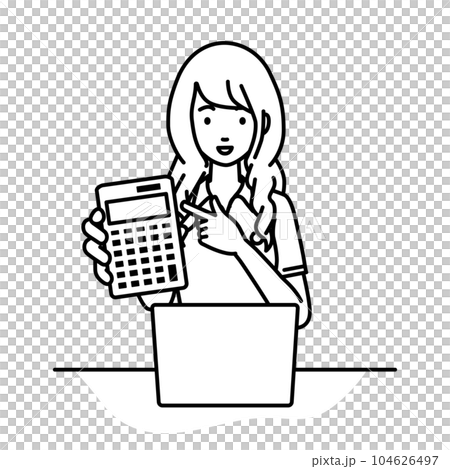 A woman in a polo shirt sitting at her desk with her laptop open and pointing at a calculator pointing at you A woman in a polo shirt sitting at her desk with her laptop open and pointing at a calculator pointing at you 104626497
