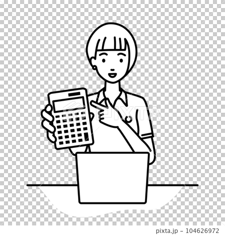 A woman in a polo shirt sitting at her desk with her laptop open and pointing at a calculator pointing at you 104626972