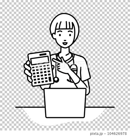 A female nurse sitting at her desk, opening her laptop, pointing at a calculator and showing it to us A female nurse sitting at her desk, opening her laptop, pointing at a calculator and showing it to us 104626978