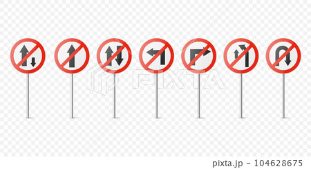 Vector Red and White Round Prohibition Traffic Sign with Arrow Icon Set Isolated. One Way, No Straight Ahead, Vehicles, Turn, Overtaking, U-Turn Traffic Road Plate, Sign Design Templates 104628675