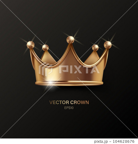 Vector 3d Realistic Golden Sparkling Shiny Crown Icon Closeup Isolated. Yellow Metallic Crown Design Template. Gold Royal King Crown. Symbol of Imperial Power. Luxury, Wealth and Power. Front View 104628676