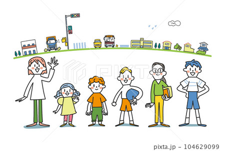 1年生から6年生の元気な小学生と通学路 セット イラスト素材 1年生から6年生の元気な小学生と通学路 セット イラスト素材 104629099
