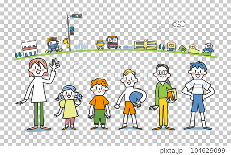 1年生から6年生の元気な小学生と通学路 セット イラスト素材 1年生から6年生の元気な小学生と通学路 セット イラスト素材 104629099