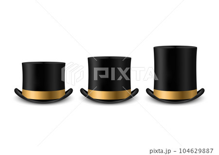 Vector 3d Realistic Black Top Hat Icon Set with Golden Color Silk Ribbon Different Sizes Closeup Isolated. Classic Retro Vintage Top Hat Collection, Vintage Gentlemans Mens Hats, Front View Vector 3d Realistic Black Top Hat Icon Set with Golden Color Silk Ribbon Different Sizes Closeup Isolated. Classic Retro Vintage Top Hat Collection, Vintage Gentlemans Mens Hats, Front View 104629887