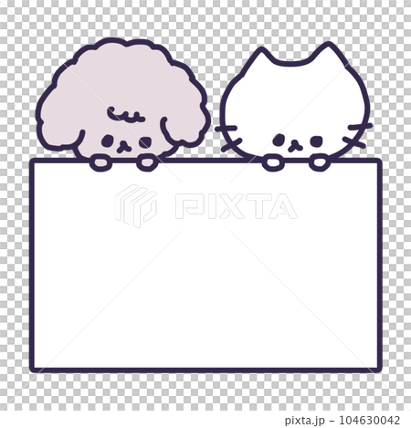 Illustration of a cute toy poodle dog and a white cat holding a white board 104630042