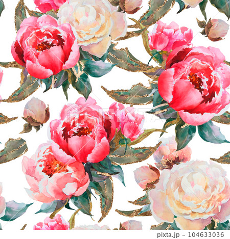 Watercolor floral seamless pattern with green leaves, pink peonies flowers, leaf branches. Wedding invitations, backgrounds, wallpapers, fashion, prints, fabric 104633036