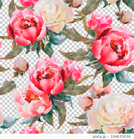 Watercolor floral seamless pattern with green leaves, pink peonies flowers, leaf branches. Wedding invitations, backgrounds, wallpapers, fashion, prints, fabric 104633036