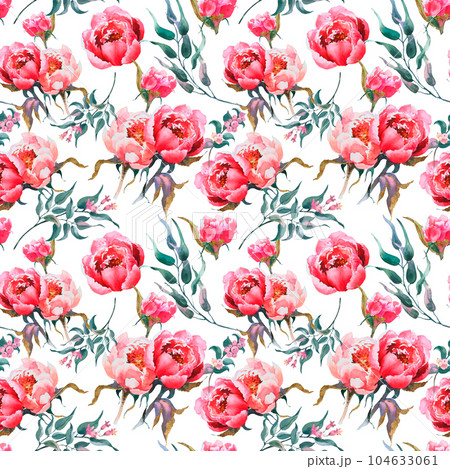 Watercolor floral seamless pattern with green leaves, pink peonies flowers, leaf branches on white background. Wedding invitations, backgrounds, wallpapers, fashion, prints, fabric 104633061