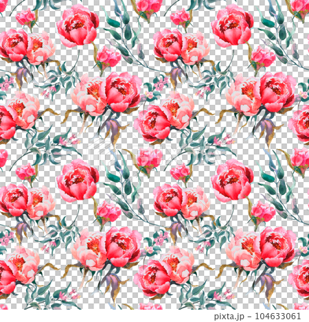Watercolor floral seamless pattern with green leaves, pink peonies flowers, leaf branches on white background. Wedding invitations, backgrounds, wallpapers, fashion, prints, fabric 104633061