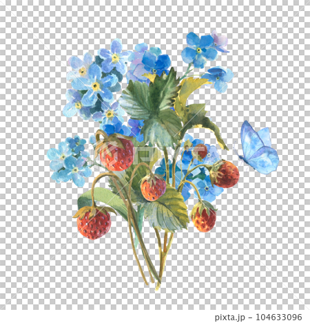 Watercolor illustration, bouquet of wildflowers and strawberries with a butterfly, forget-me-nots and strawberries isolated on a white background 104633096