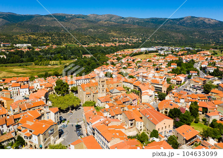 Aerial view of residential areas of Prades town in summer, France 104633099