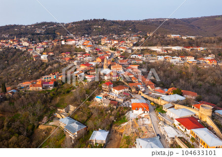 Aerial view of Georgian town of Sighnaghi on steep hill in spring 104633101