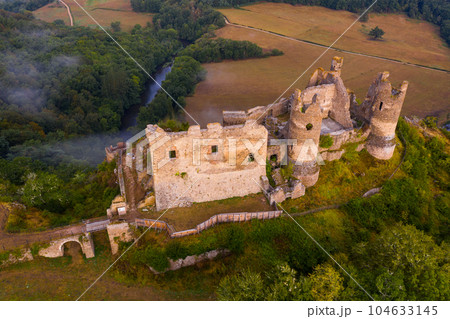 Aerial view of romantic ruins of Chateau Rocher, France 104633145