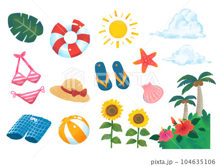 手描きの可愛くて楽しい夏の素材セット（透過） 104635106