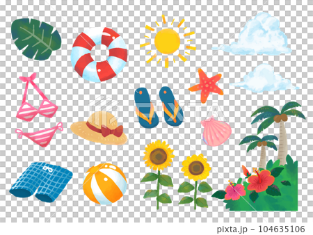 手描きの可愛くて楽しい夏の素材セット（透過） 104635106