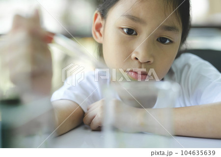 Little child with learning science class in school laboratory Little child with learning science class in school laboratory 104635639