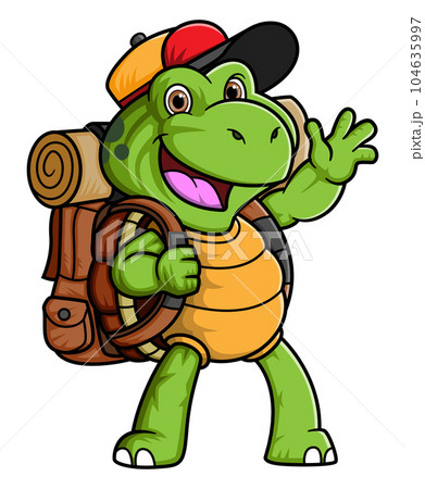 Cartoon little turtle explorer with backpack of illustration 104635997