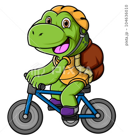 Cute turtle cartoon riding bicycle of illustration 104636010