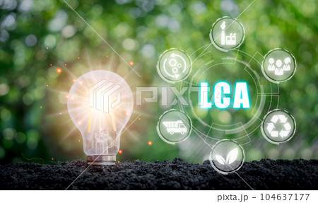 LCA, Life cycle assessment concept, Light bulb on soil with Life cycle assessment icon on virtual screen. 104637177
