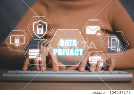 Data Privacy Online Security Protection Concept, Person hand typing on keyboard computer with Data Privacy icon on virtual screen. Data Privacy Online Security Protection Concept, Person hand typing on keyboard computer with Data Privacy icon on virtual screen. 104637178