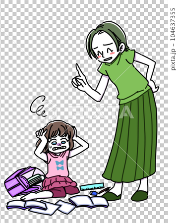 一個沒有完成作業的女孩和她的媽媽 104637355