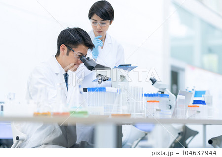 研究所で顕微鏡を使って実験をする研究者 研究所で顕微鏡を使って実験をする研究者 104637944