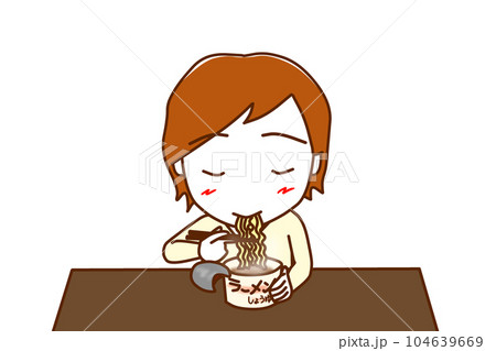 （上半身正面）カップ麺を美味しそうに食べている白人男性 104639669