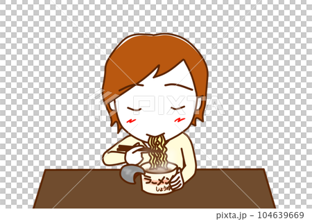 （上半身正面）カップ麺を美味しそうに食べている白人男性 104639669