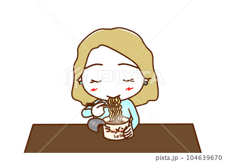 （上半身正面）カップ麺を美味しそうに食べている白人女性 104639670