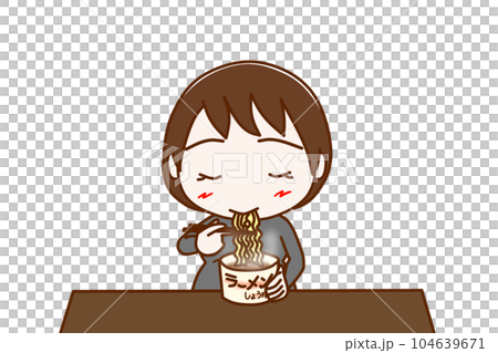 （上半身正面）カップ麺を美味しそうに食べている妊婦 104639671
