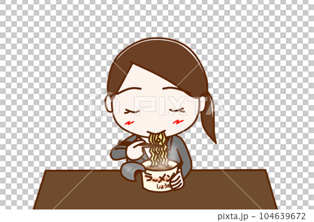 （上半身正面）カップ麺を美味しそうに食べているスーツ姿の女性 104639672