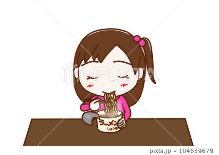 （上半身正面）カップ麺を美味しそうに食べている少女 104639679