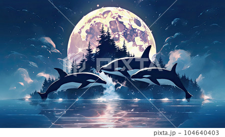 シャチのジャンプと満月の海 シャチのジャンプと満月の海 104640403