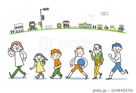 1年生から6年生の元気な小学生と通学路　セット　イラスト素材 104640550
