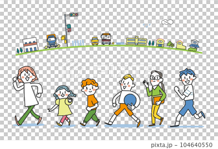 1年生から6年生の元気な小学生と通学路　セット　イラスト素材 104640550