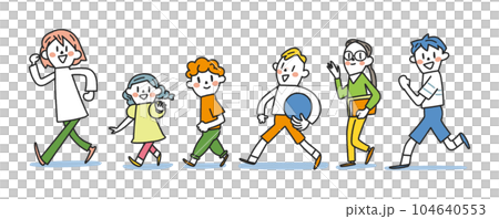 Energetic elementary school students from 1st grade to 6th grade set illustration material 104640553