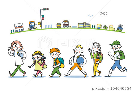 1年生から6年生の元気な小学生と通学路 セット イラスト素材 1年生から6年生の元気な小学生と通学路 セット イラスト素材 104640554