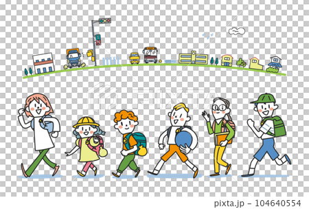 精力充沛的1至6年級小學生及學校路線設置插畫素材 精力充沛的1至6年級小學生及學校路線設置插畫素材 104640554