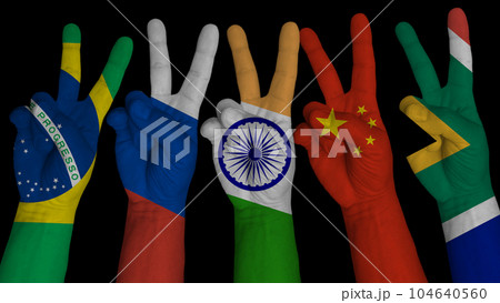BRICS 5 Hands in victory sign with flags of member countries, on a black background BRICS 5 Hands in victory sign with flags of member countries, on a black background 104640560