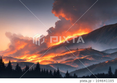 激しく燃える山火事 104641105