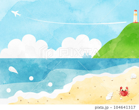 水彩風に加工した海岸と海と灯台のイラスト　 104641317