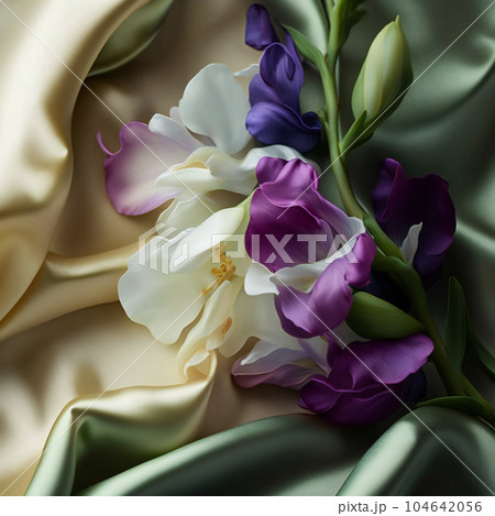 gladiolus flower on silk close up white purple pink 104642056