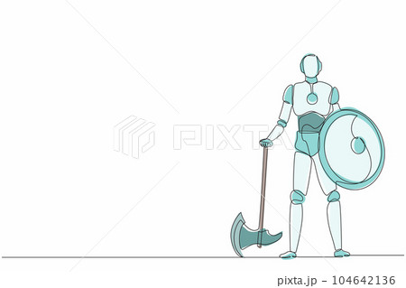 Continuous one line drawing robots stands holding big axe and shield. Humanoid robot cybernetic organism. Future robotics development concept. Single line draw design vector graphic illustration Continuous one line drawing robots stands holding big axe and shield. Humanoid robot cybernetic organism. Future robotics development concept. Single line draw design vector graphic illustration 104642136