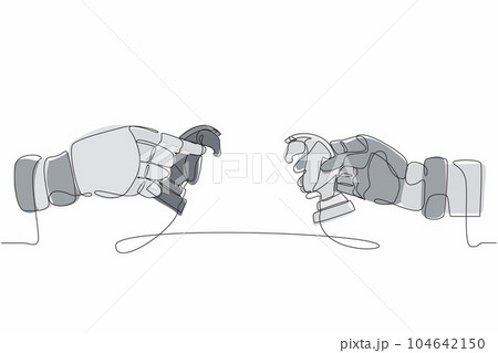 Continuous one line drawing robots hands holding knight horse chess piece and the other hand too. Humanoid robot cybernetic organism. Future robotic development concept. Single line draw design vector Continuous one line drawing robots hands holding knight horse chess piece and the other hand too. Humanoid robot cybernetic organism. Future robotic development concept. Single line draw design vector 104642150