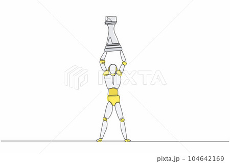 Continuous one line drawing robot standing and lifting up rook chess piece. Humanoid robot cybernetic organism. Future robotics development concept. Single line draw design vector graphic illustration 104642169