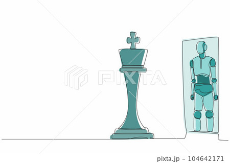 Single continuous line drawing robots standing in front of mirror, reflecting chess king. Modern robotics artificial intelligence. Electronic technology industry. One line draw graphic design vector 104642171